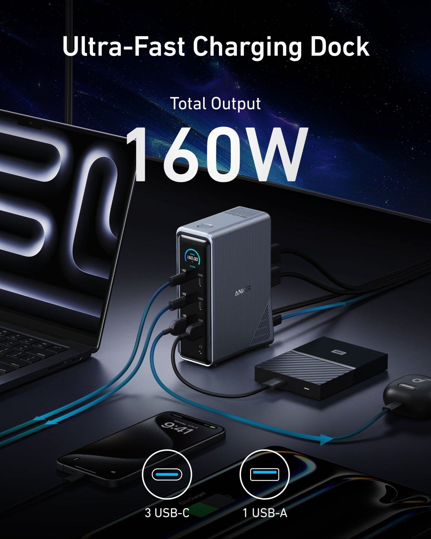 Anker Prime 14-in-1 charging docking station with dual display ports and 160W power output for versatile device charging.