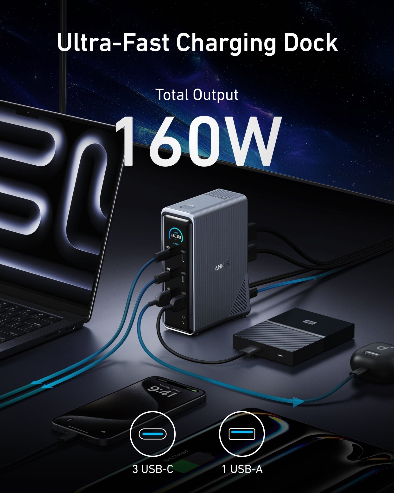 Anker Prime 14-in-1 charging docking station with dual display ports and 160W power output for versatile device charging.