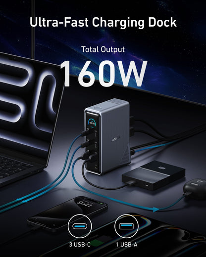 Anker Prime 14-in-1 charging docking station with dual display ports and 160W power output for versatile device charging.
