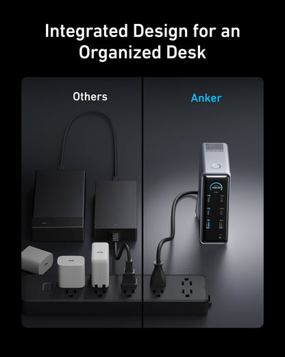 Anker Prime 14-in-1 charging docking station with dual display, 160W power output, connected to multiple devices.