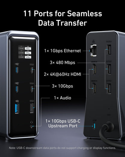 Anker Prime 14-in-1 charging docking station with dual displays and 160W power output, shown connected to multiple devices.
