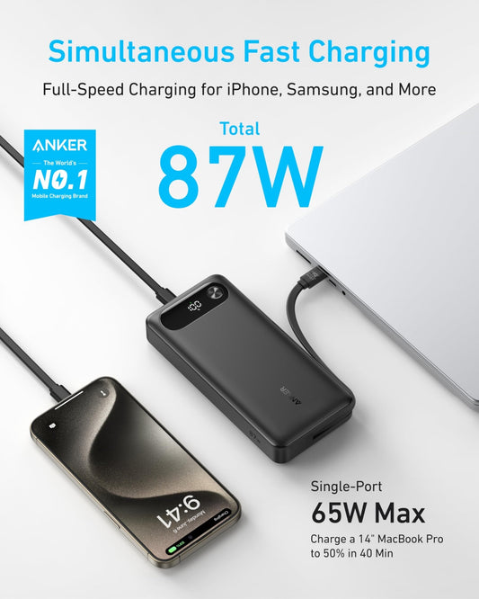 Anker Power Bank (20K, 87W, Built-In USB-C Cable) - BACKUPMYFILESNOW.COM®