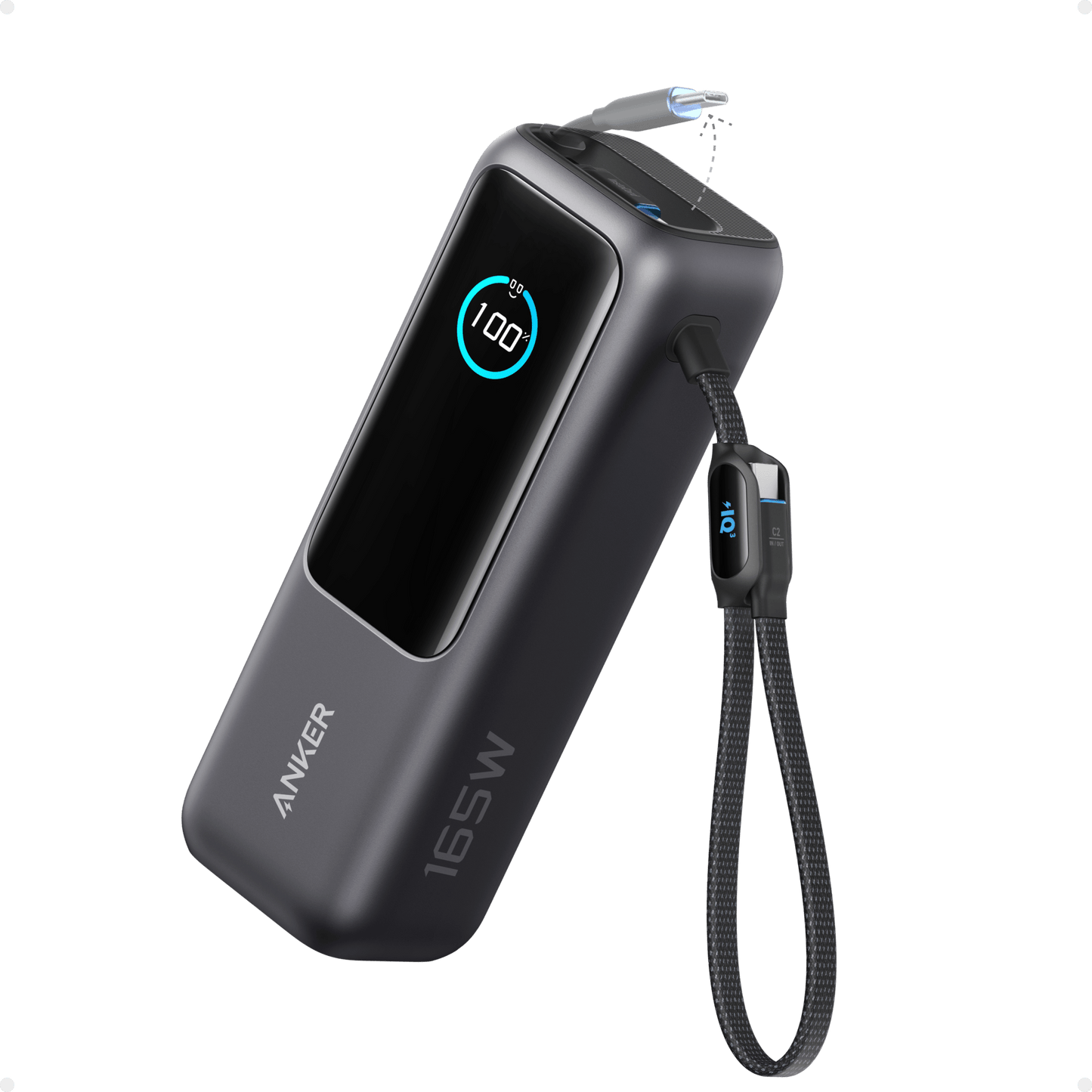 Anker 25K 165W laptop power bank in space black with built-in and retractable cables for portable charging.