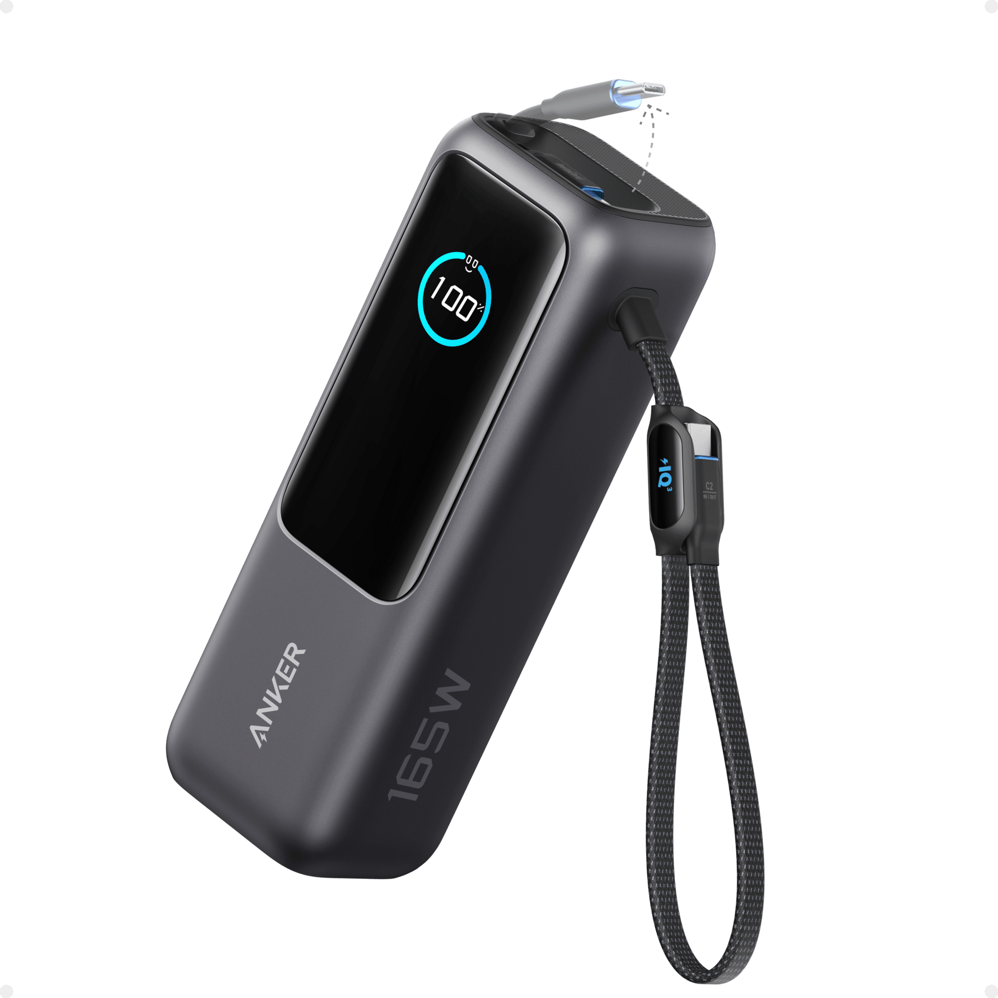 Anker 25K 165W laptop power bank in space black with built-in and retractable cables for portable charging.