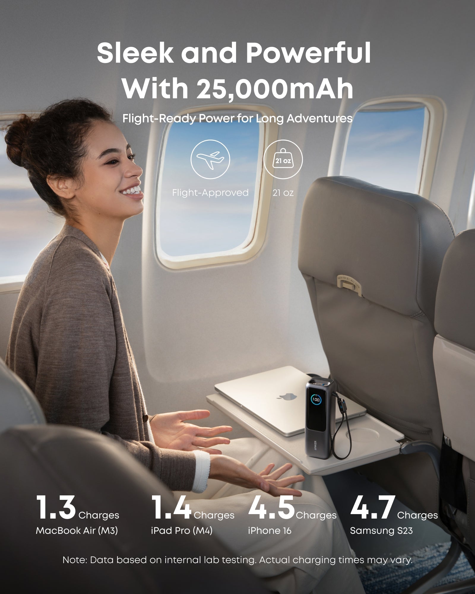 Anker 25K 165W laptop power bank in space black with built-in and retractable cables, portable for charging on the go.
