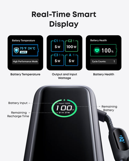 Anker 25K 165W laptop power bank in space black with built-in and retractable cables for portable charging.