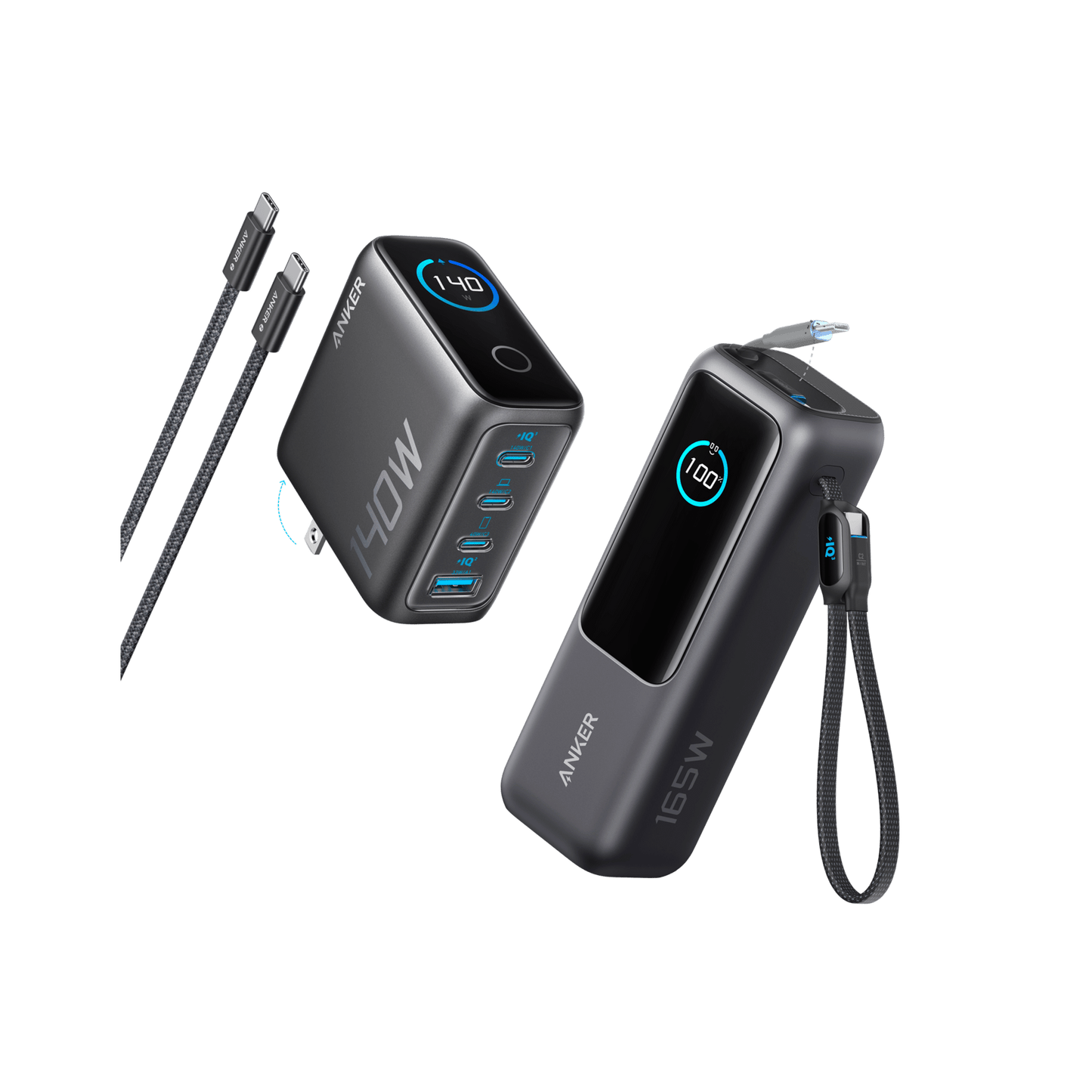 Anker 25K 165W laptop power bank in space black with built-in and retractable cables for mobile device charging.