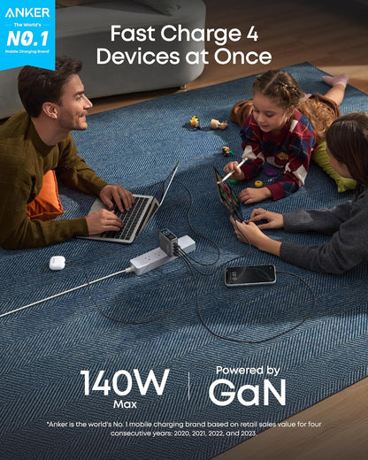 Anker 25K 165W laptop power bank with built-in and retractable cables in space black for portable charging.
