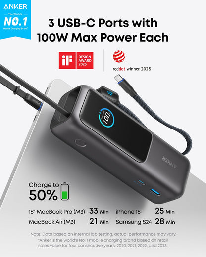 Anker 25K 165W laptop power bank with built-in retractable cables in black, portable and high-capacity for charging devices.