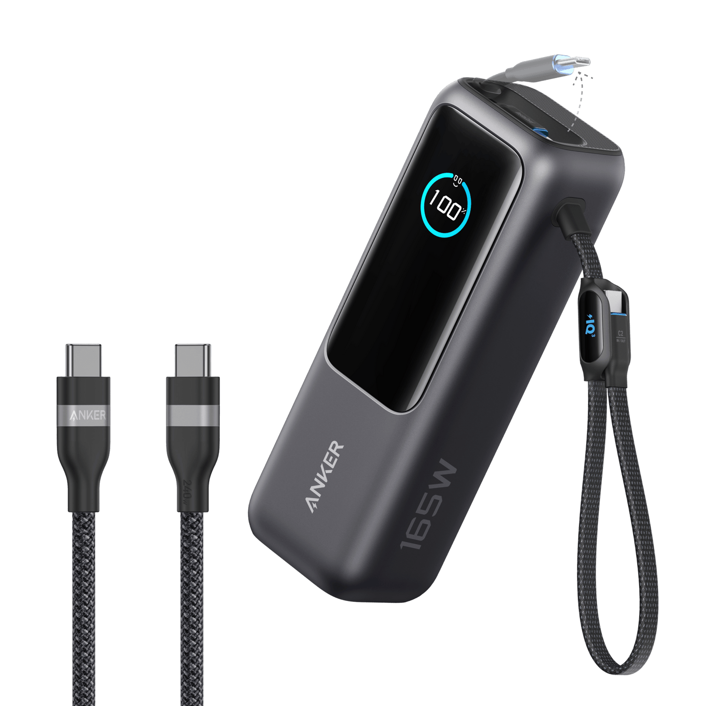 Anker 25K 165W laptop power bank with built-in and retractable cables in space black, portable and high-capacity for charging devices.