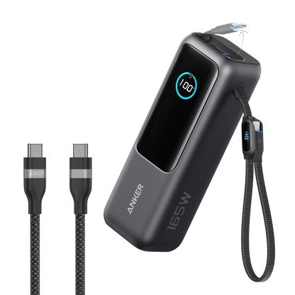 Anker 25K 165W laptop power bank with built-in and retractable cables in space black, portable and high-capacity for charging devices.