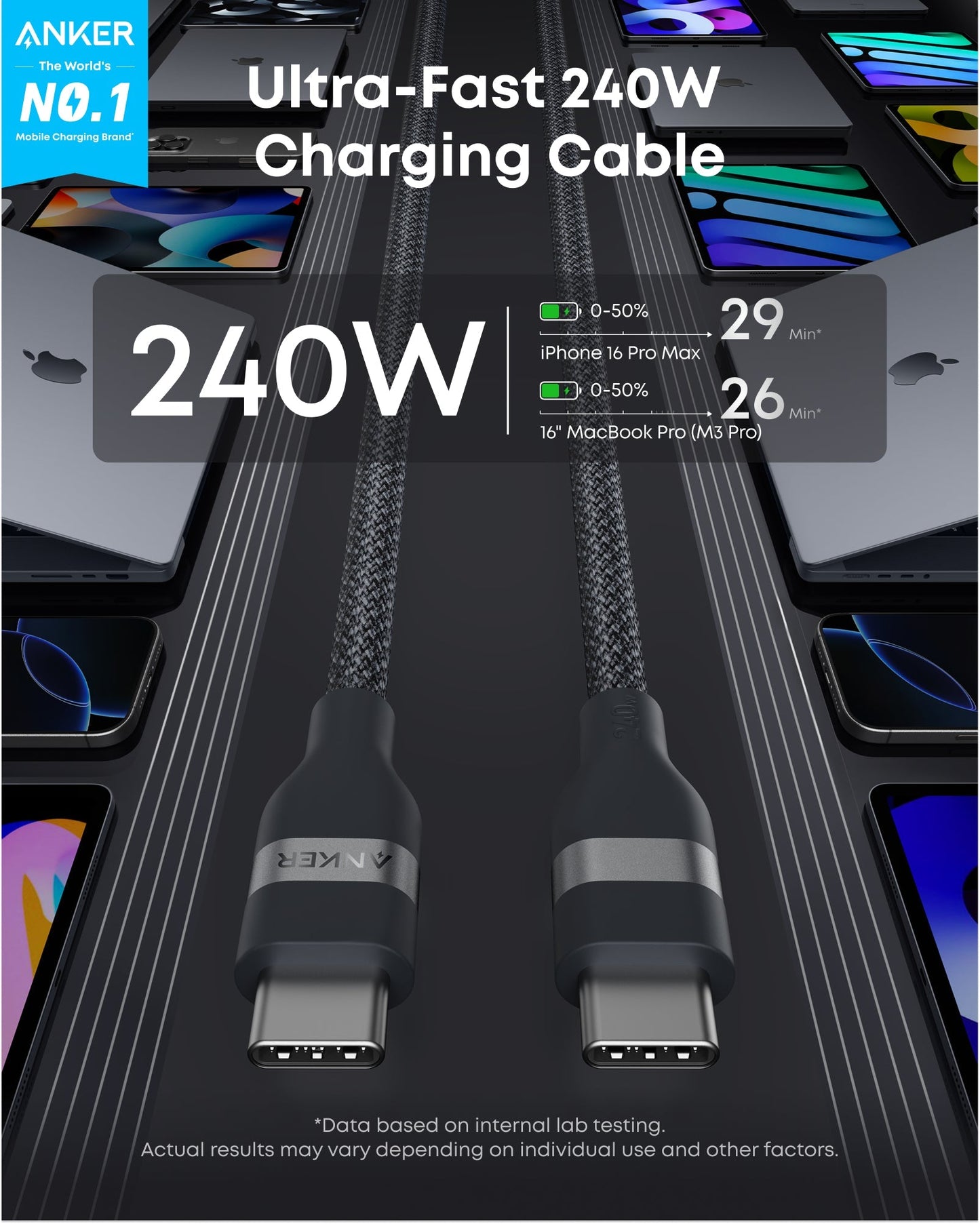Anker 25K 165W laptop power bank in space black with built-in and retractable cables, portable for charging on the go.