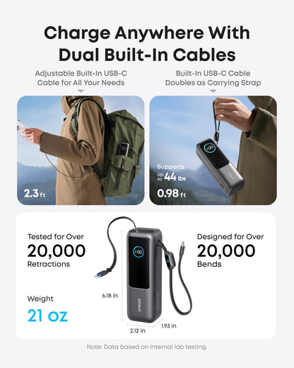 Anker 25K 165W laptop power bank in space black with built-in and retractable cables for portable charging.