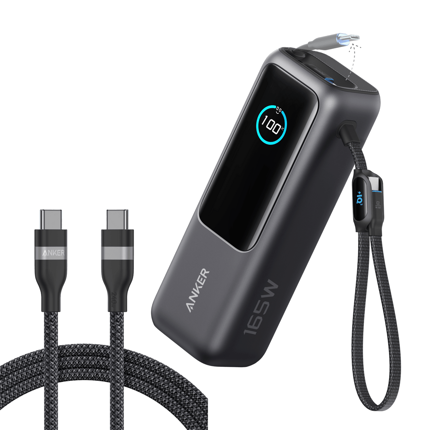 Anker 25,000mAh laptop power bank in space black with built-in and retractable cables, 165W power output, portable charging device.