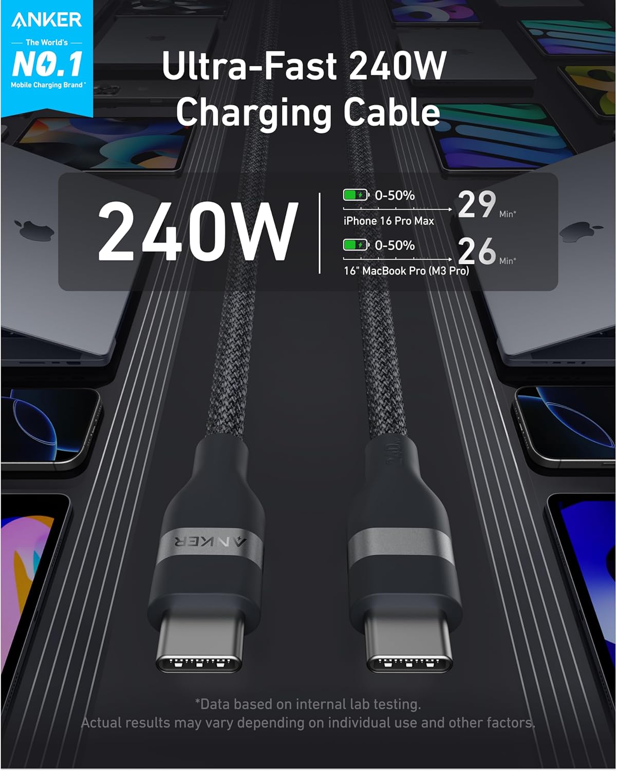 Anker 25K 165W laptop power bank in space black with built-in and retractable cables for portable charging.