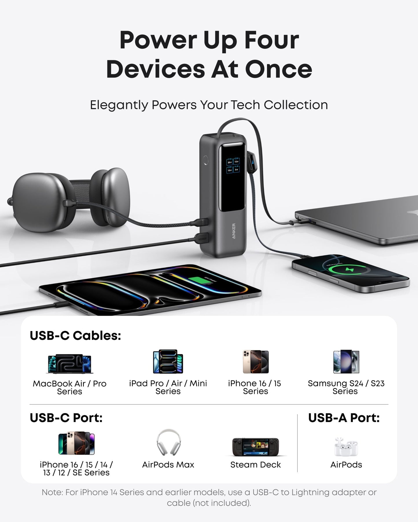 Anker 25K 165W laptop power bank in space black with built-in and retractable cables for portable charging.