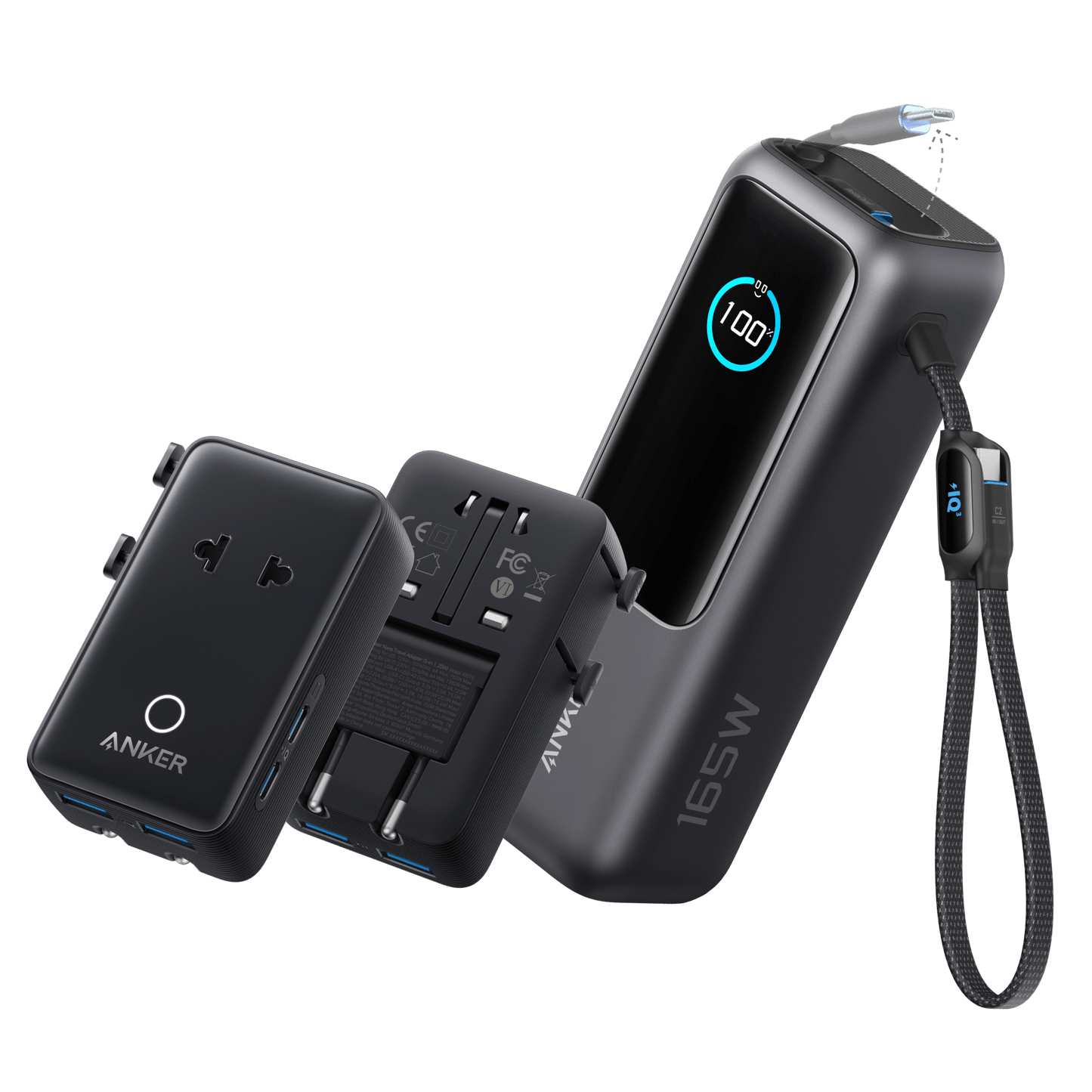 Anker 25K 165W laptop power bank in space black with built-in and retractable cables for portable charging.