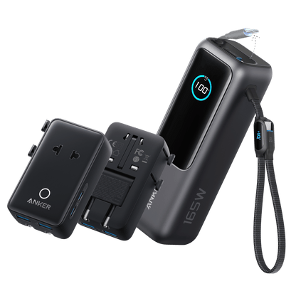 Anker 25K 165W laptop power bank in space black with built-in and retractable cables for portable charging.