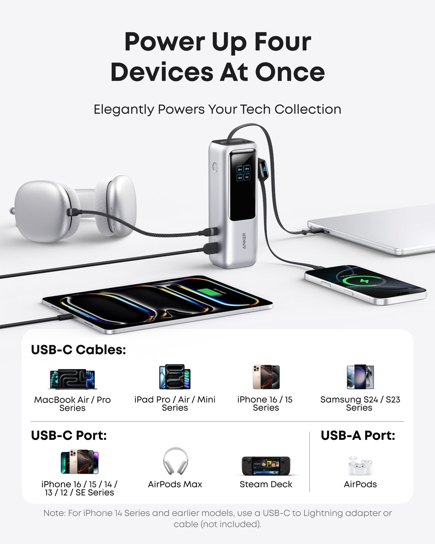 Anker 25K 165W laptop power bank in space black with built-in and retractable cables for portable charging.