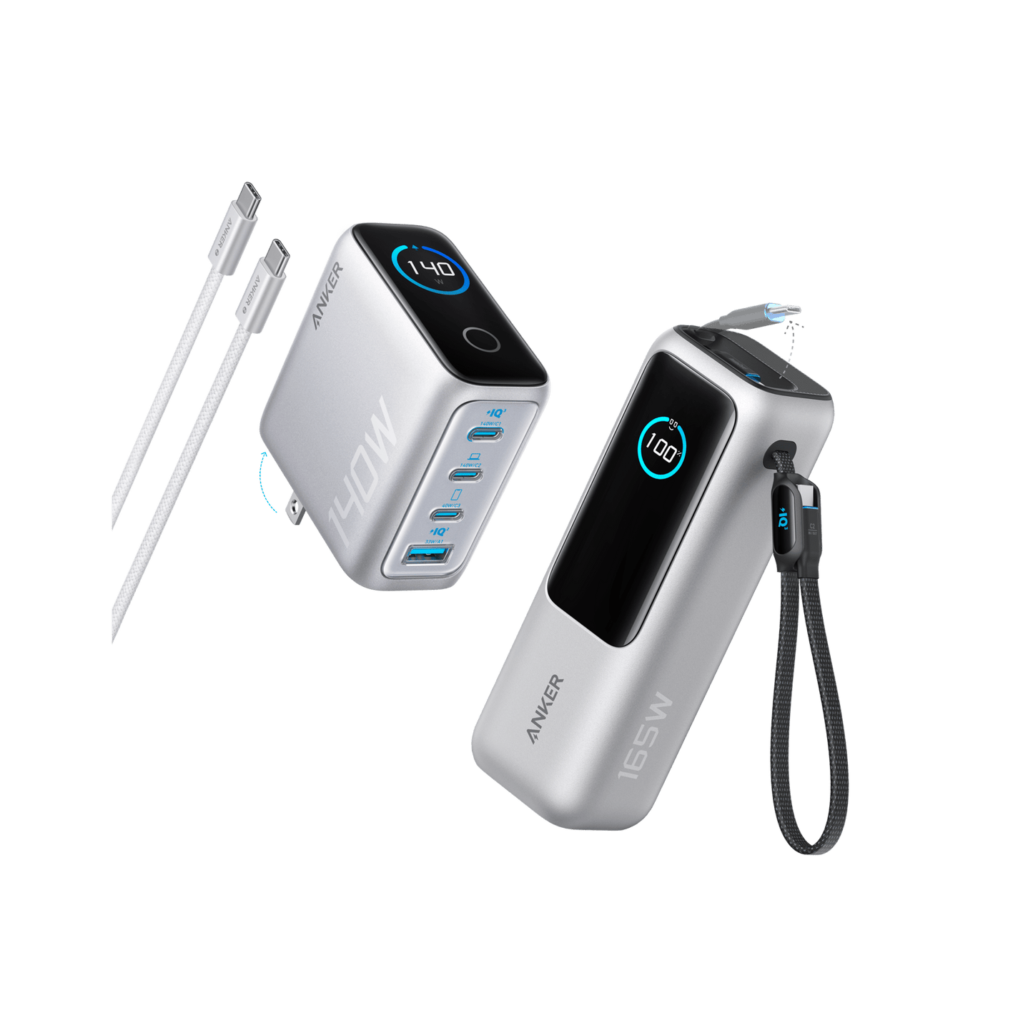 Anker 25K 165W laptop power bank in space black with built-in and retractable cables for portable device charging.