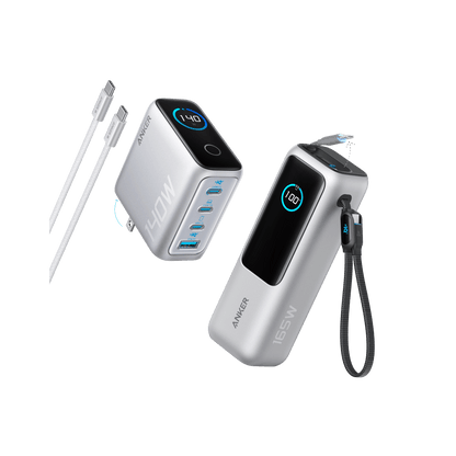 Anker 25K 165W laptop power bank in space black with built-in and retractable cables for portable device charging.