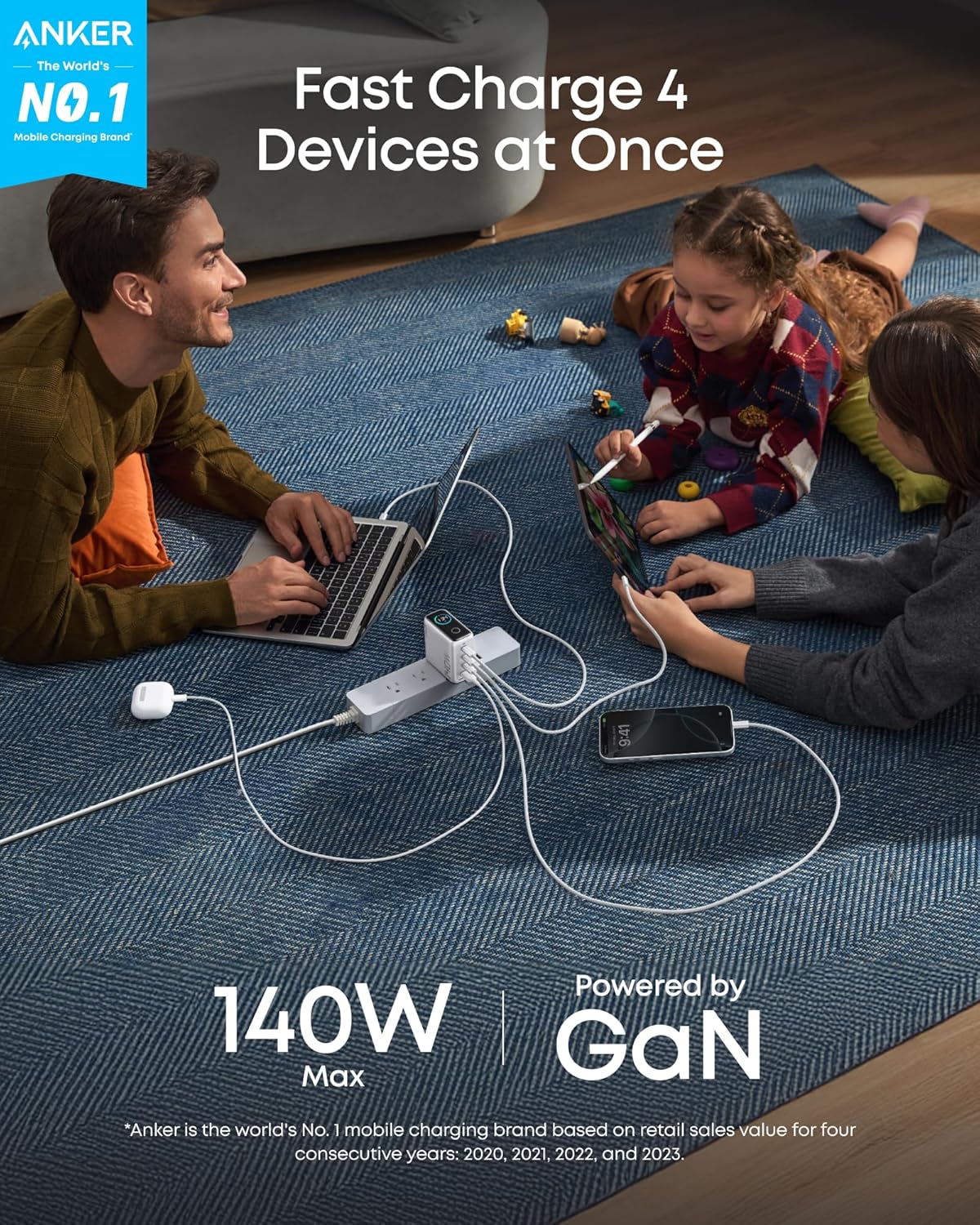 Anker 25K 165W laptop power bank with built-in and retractable cables in space black, portable and high-capacity charging device.