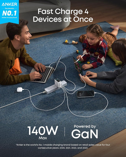 Anker 25K 165W laptop power bank with built-in and retractable cables in space black, portable and high-capacity charging device.