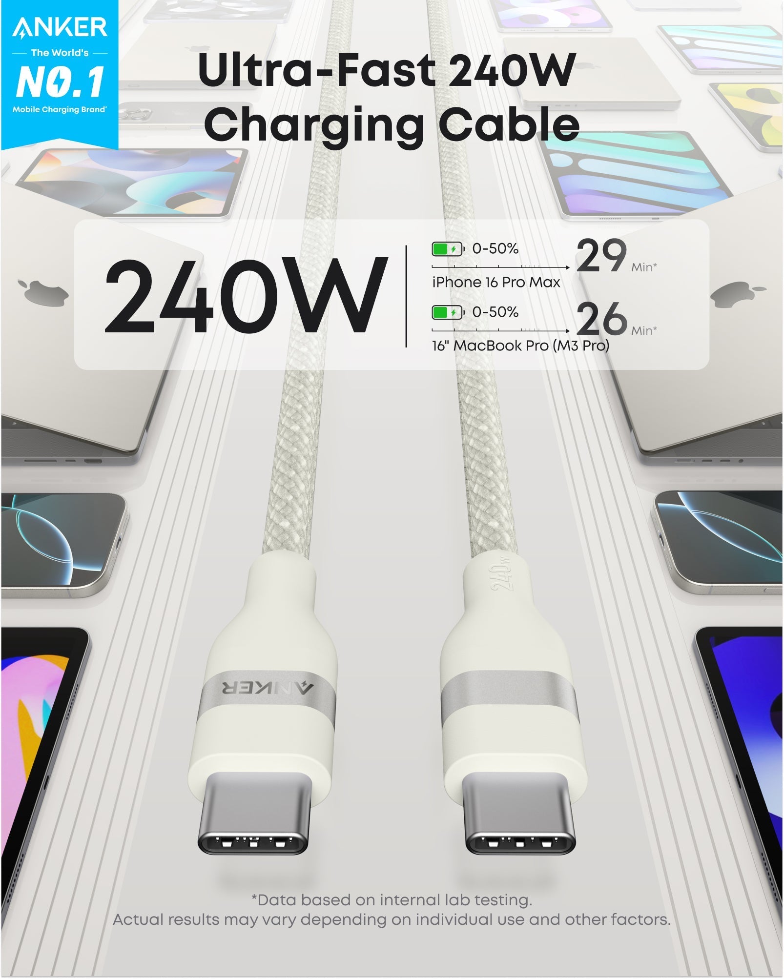 Anker 25K laptop power bank in space black with built-in and retractable cables, 165W portable charger for laptops and devices.