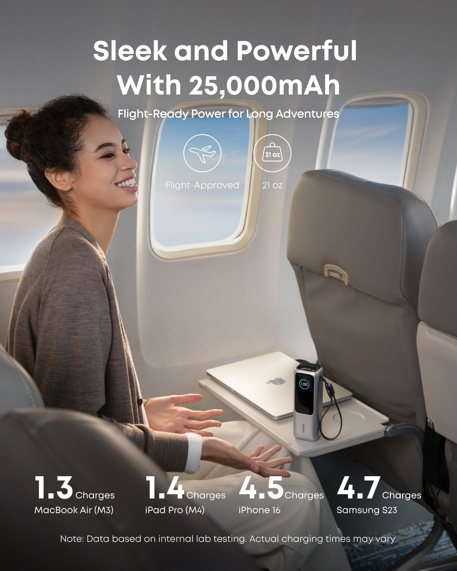 Anker 25K 165W laptop power bank with built-in and retractable cables in space black, portable and high-capacity.
