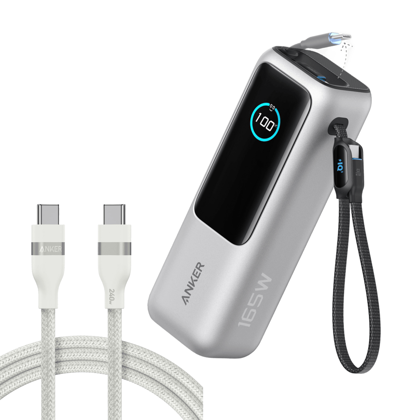 Anker 25K 165W laptop power bank in space black with built-in and retractable cables for portable charging.