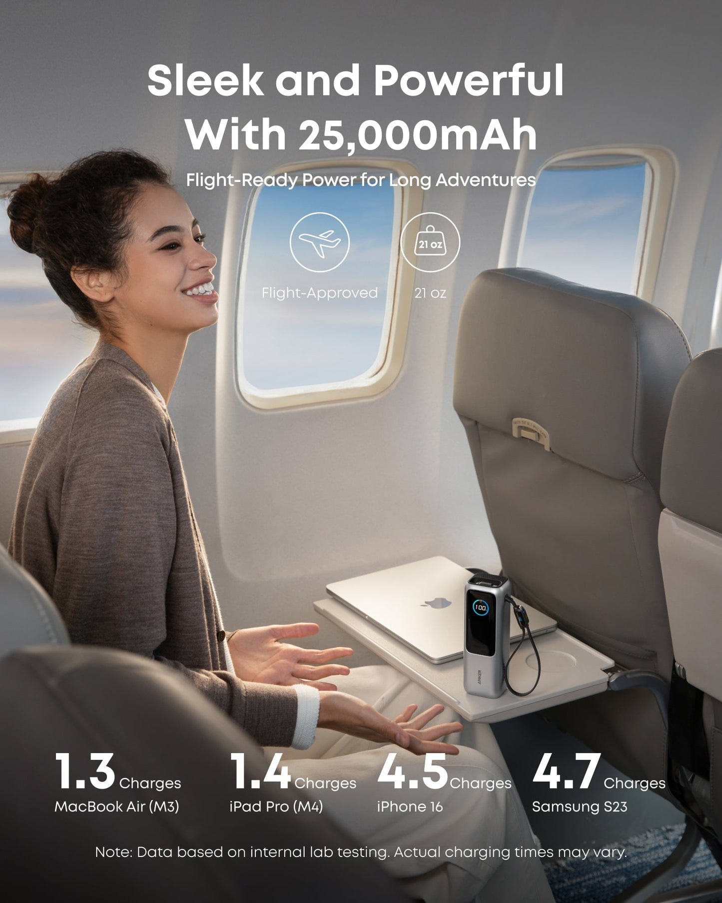 Anker 25K 165W laptop power bank in space black with built-in and retractable cables for portable charging.