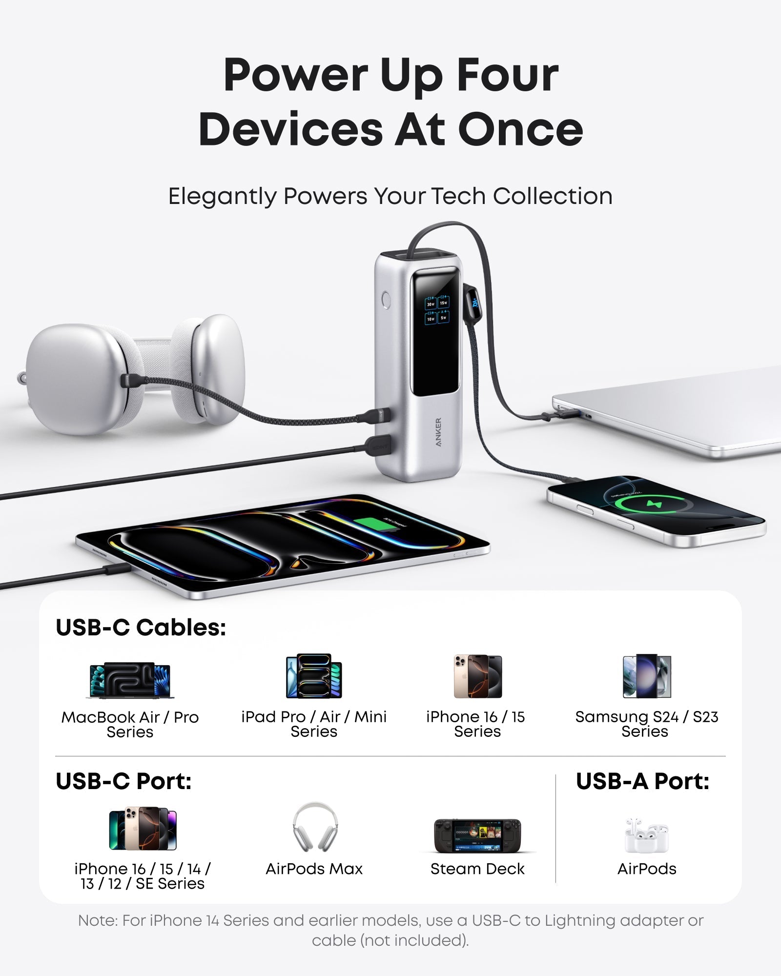 Anker 25K 165W laptop power bank in space black with built-in and retractable cables for portable charging.