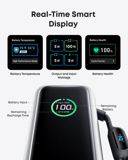 Anker 25K 165W laptop power bank in space black with built-in and retractable cables for portable charging.