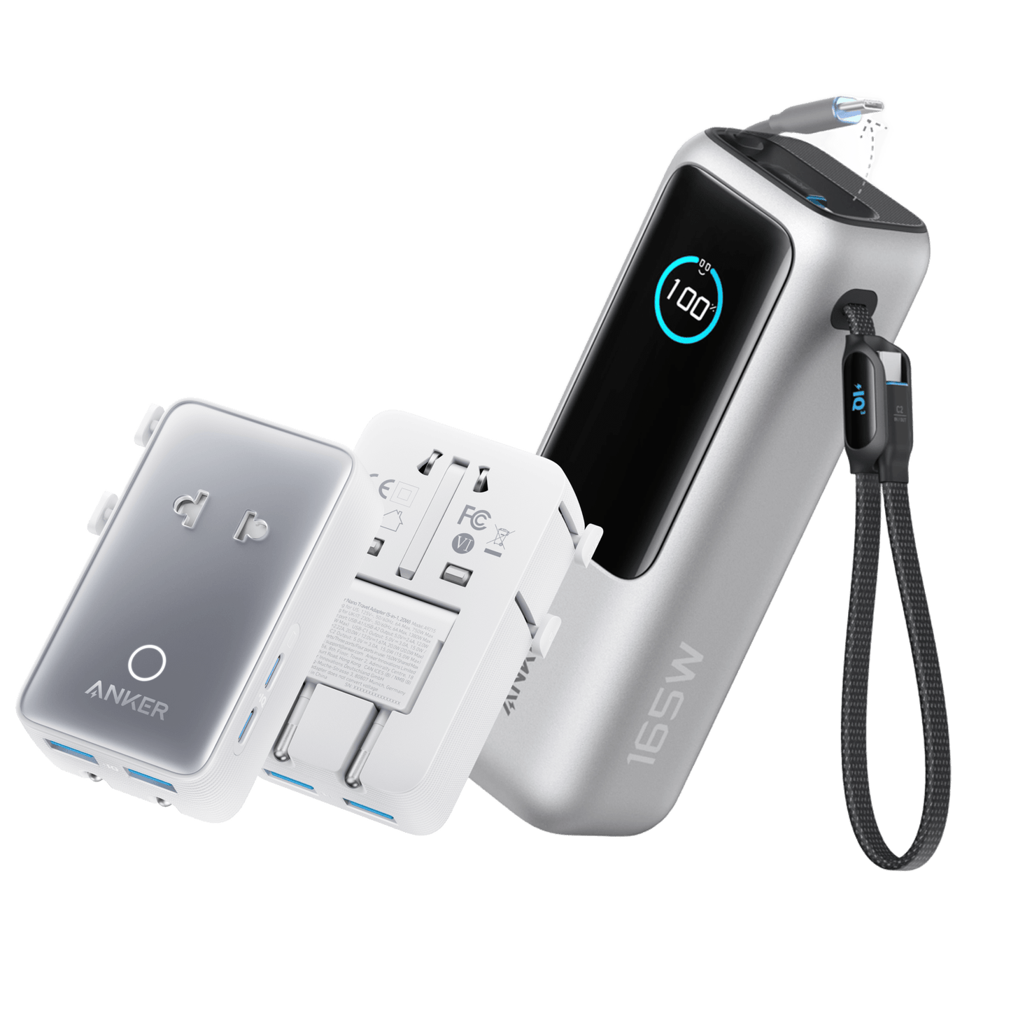 Anker 25K 165W laptop power bank with built-in and retractable cables in space black, portable and high-capacity for charging devices.
