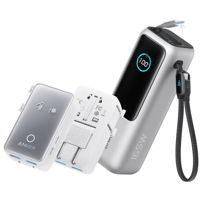 Anker 25K 165W laptop power bank with built-in and retractable cables in space black, portable and high-capacity for charging devices.