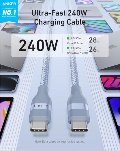 Anker USB-C to USB-C Cable (3 ft / 6 ft, 240W, Upcycled-Braided) - BACKUPMYFILESNOW.COM®