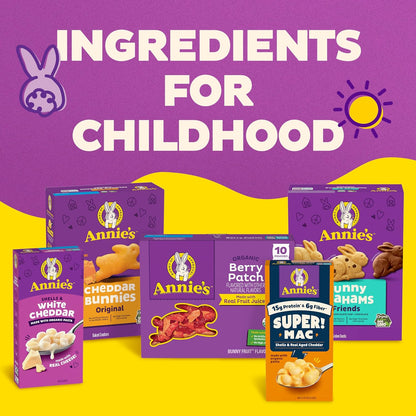 Annie's Organic Bees, Bugs, and Butterflies fruit flavored snacks in 10 pouches, featuring colorful insect shapes and fruit flavors.