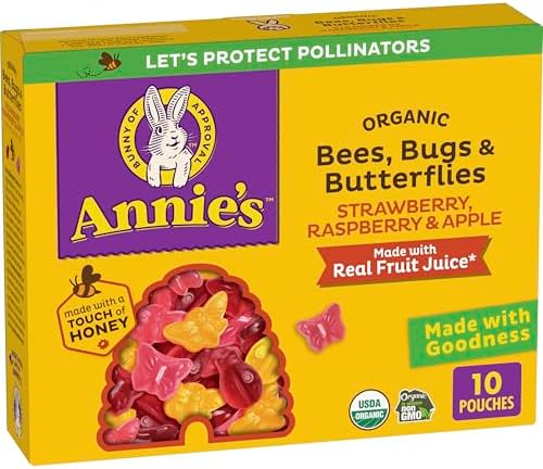 Annie's Organic Bees, Bugs, and Butterflies fruit flavored snacks in 10 pouches, colorful packaging showing cartoon insect characters.