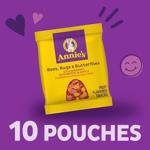 Annie's Organic Bees, Bugs, and Butterflies fruit flavored snacks in 10 pouches, colorful packaging with cartoon insect characters.
