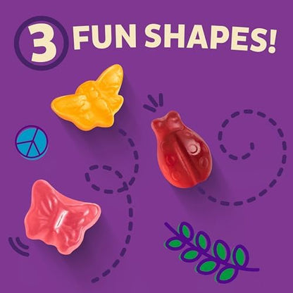 Box of Annie's Organic Bees, Bugs, and Butterflies fruit flavored snacks in 10 pouches, 7 oz total, featuring colorful insect shapes.