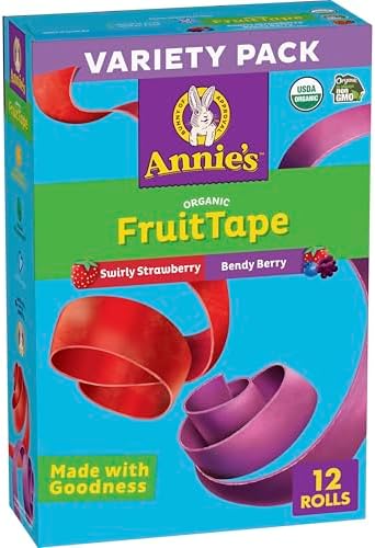 Annie's Organic Fruit Tape variety pack with Swirly Strawberry and Bendy Berry flavors, gluten-free 12-roll set.