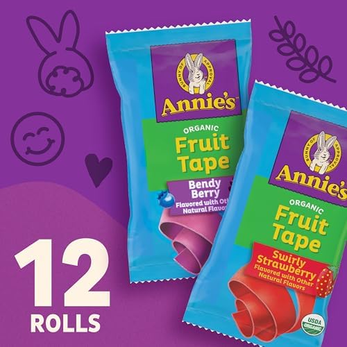 Annie's Organic Fruit Tape variety pack with swirly strawberry and bendy berry flavors, gluten-free, 12 rolls in 9 oz packaging.