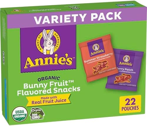 Annie's Organic Bunny Fruit Snacks variety pack with colorful bunny-shaped fruit gummies in a clear plastic bag, gluten-free and 22 count.