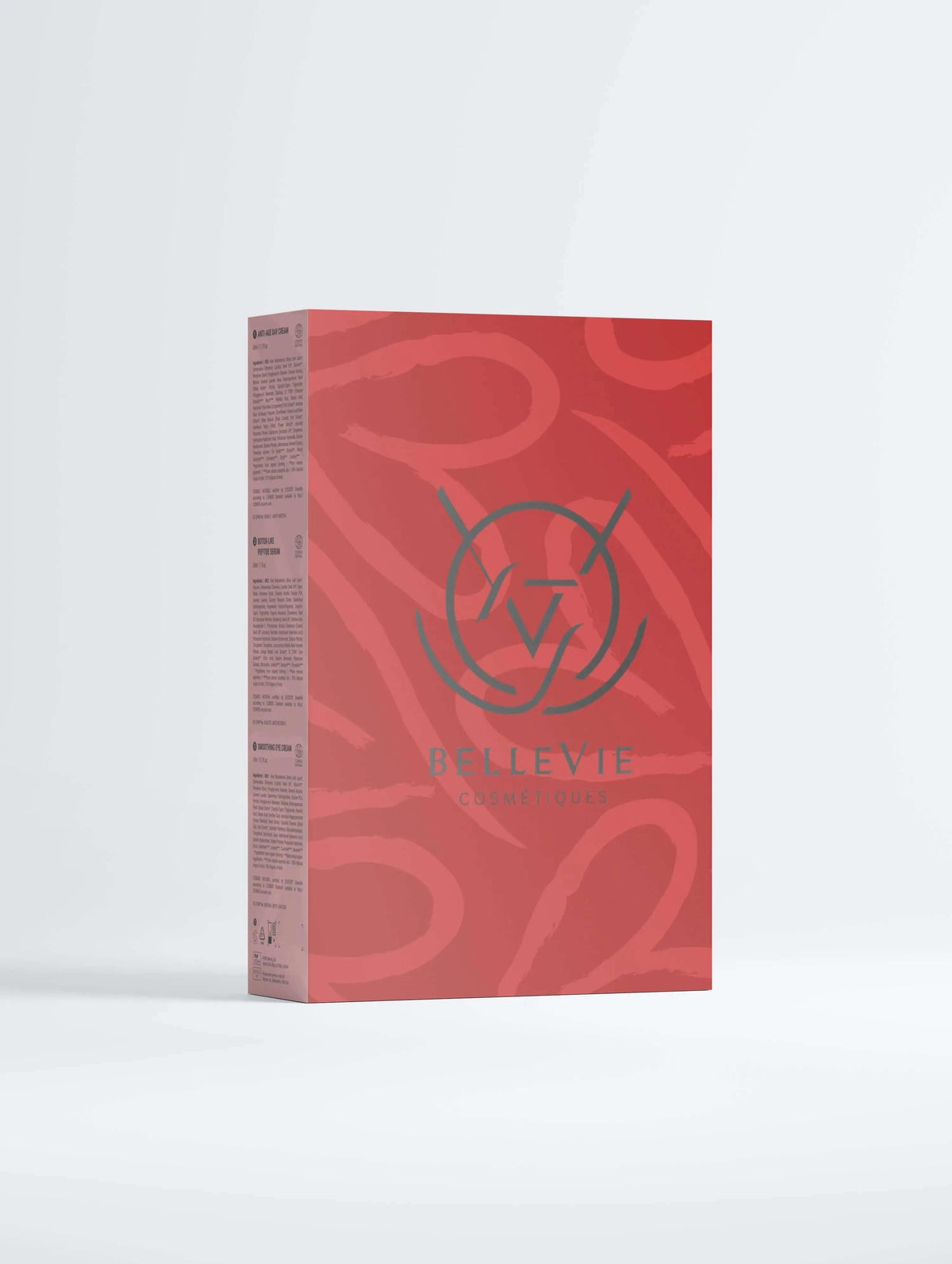 BelleVie Cosmétiques anti-ageing collection box with day cream, peptide serum, and smoothing eye care products.