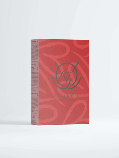 BelleVie Cosmétiques anti-ageing collection box with day cream, peptide serum, and smoothing eye care products.