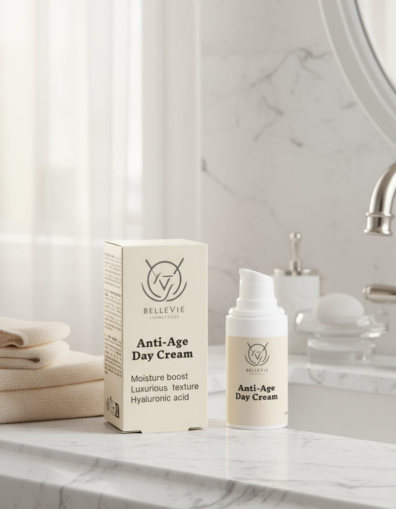 BelleVie Cosmétiques anti-aging day cream from the Timeless Radiance Collection box, featuring a sleek jar with a smooth cream inside.
