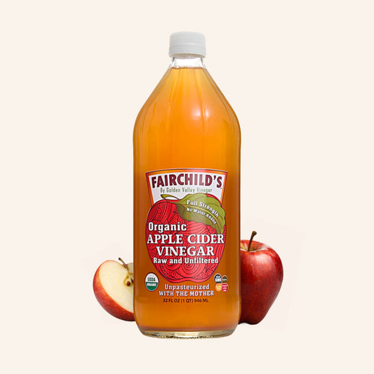 Fairchild’s Organic Apple Cider Vinegar 32oz bottle with the mother, showing the amber liquid and label on the glass bottle.