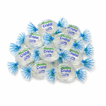 Arcor Cristal Mint hard candies in a bulk value bag, featuring clear, round mint candies from Candy In Bulk.