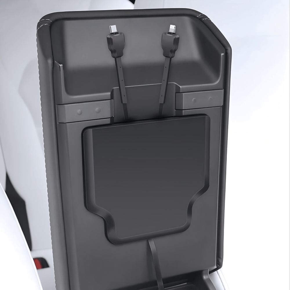 Tesery USB hub hidden armrest box expansion dock for Model Y Juniper and Model 3 Highland electric vehicles.