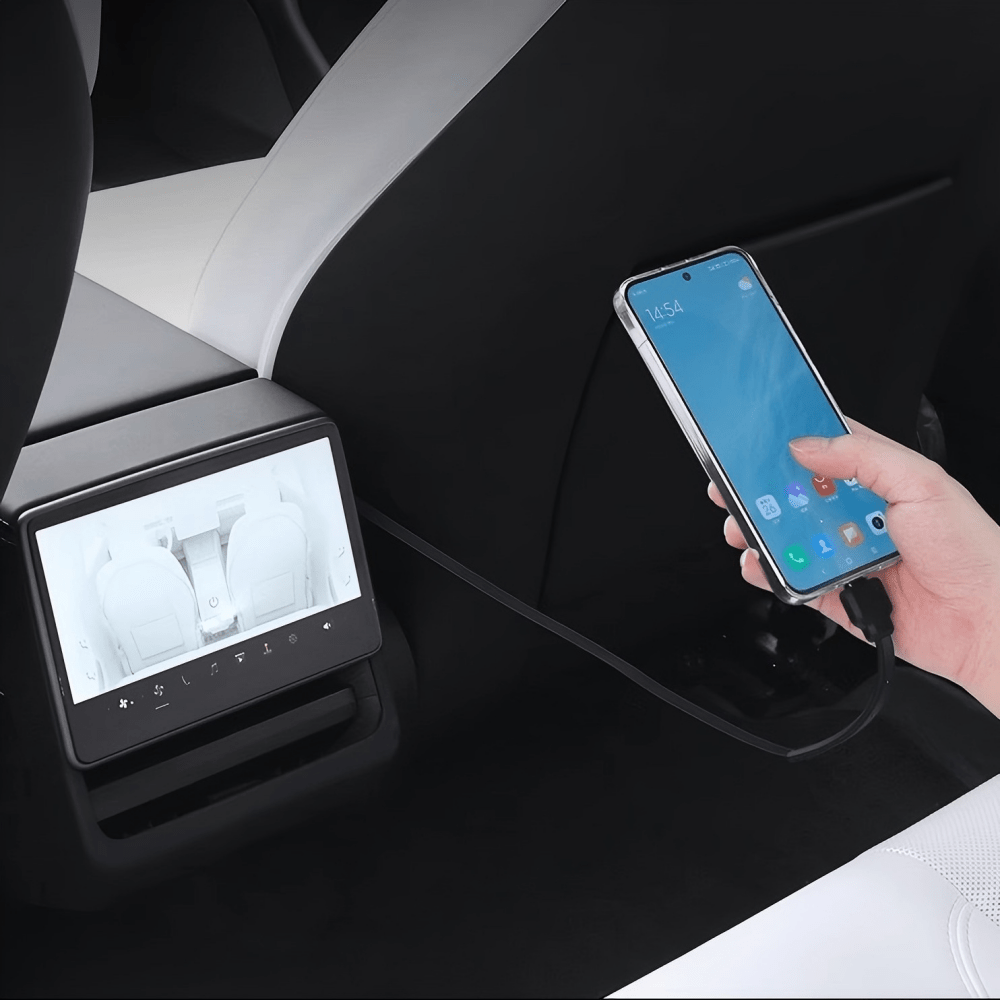 Tesery official armrest box hidden expansion dock with USB hub for Tesla Model Y Juniper, Model 3 Highland, and Model YL interior.